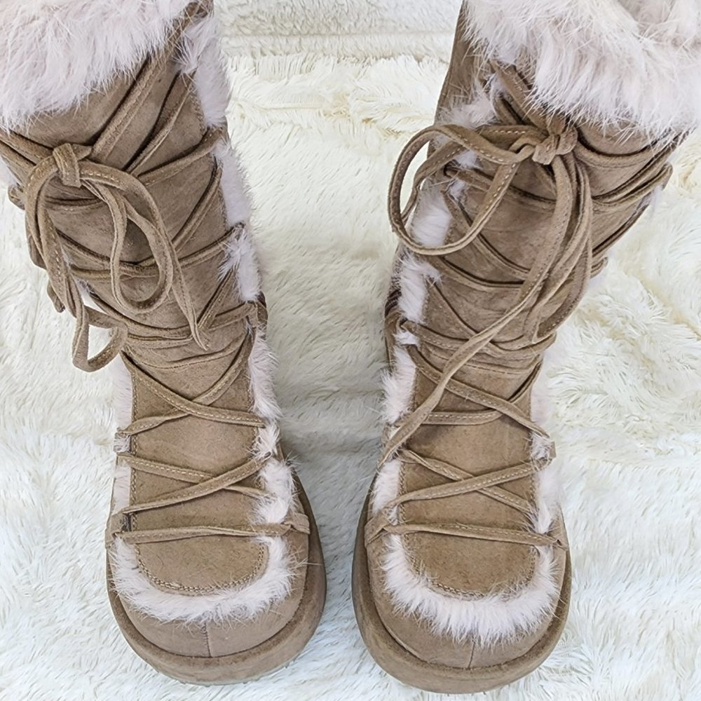 311 Cubby Tan Platform Furry Go-go Mammoth Stomper Knee Boots - Picture 5 of 12